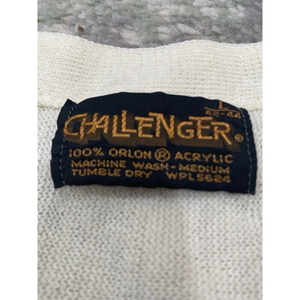 Vintage 60s 70s Sweater Mens L Turtle Logo Challenger Cream Rockabilly Cardigan